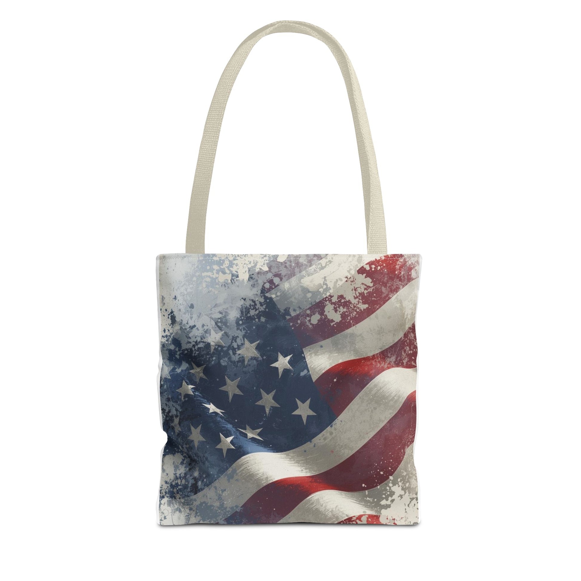 Tote bag with American flag design on a white background