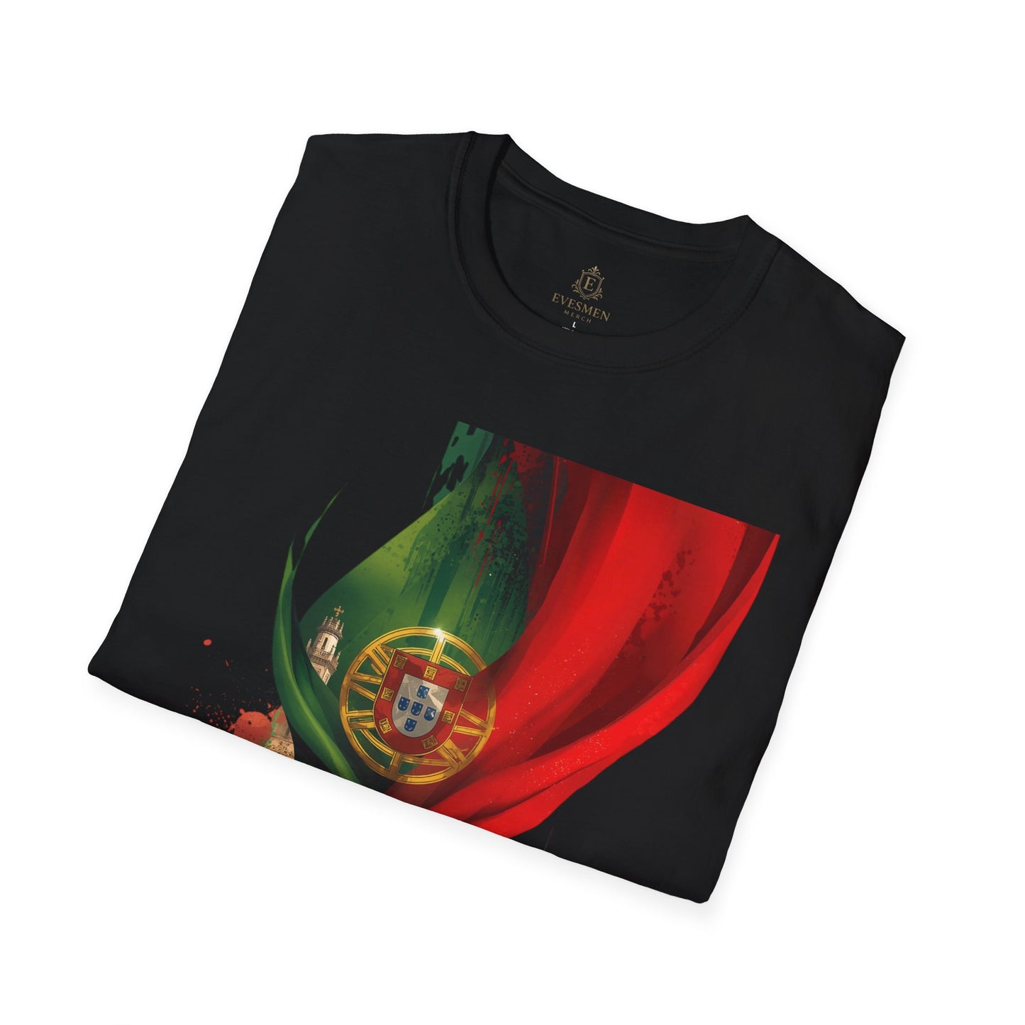 Portugal Flag Soccer T-Shirt — Portuguese Football Fan Tee with Lisbon Landmark