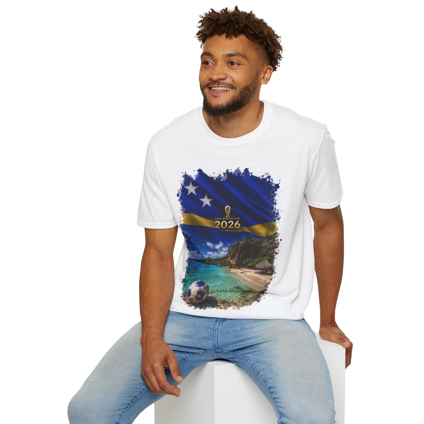 Curaçao Football Flag Beach Graphic T-Shirt Cinematic Caribbean Soccer Tee