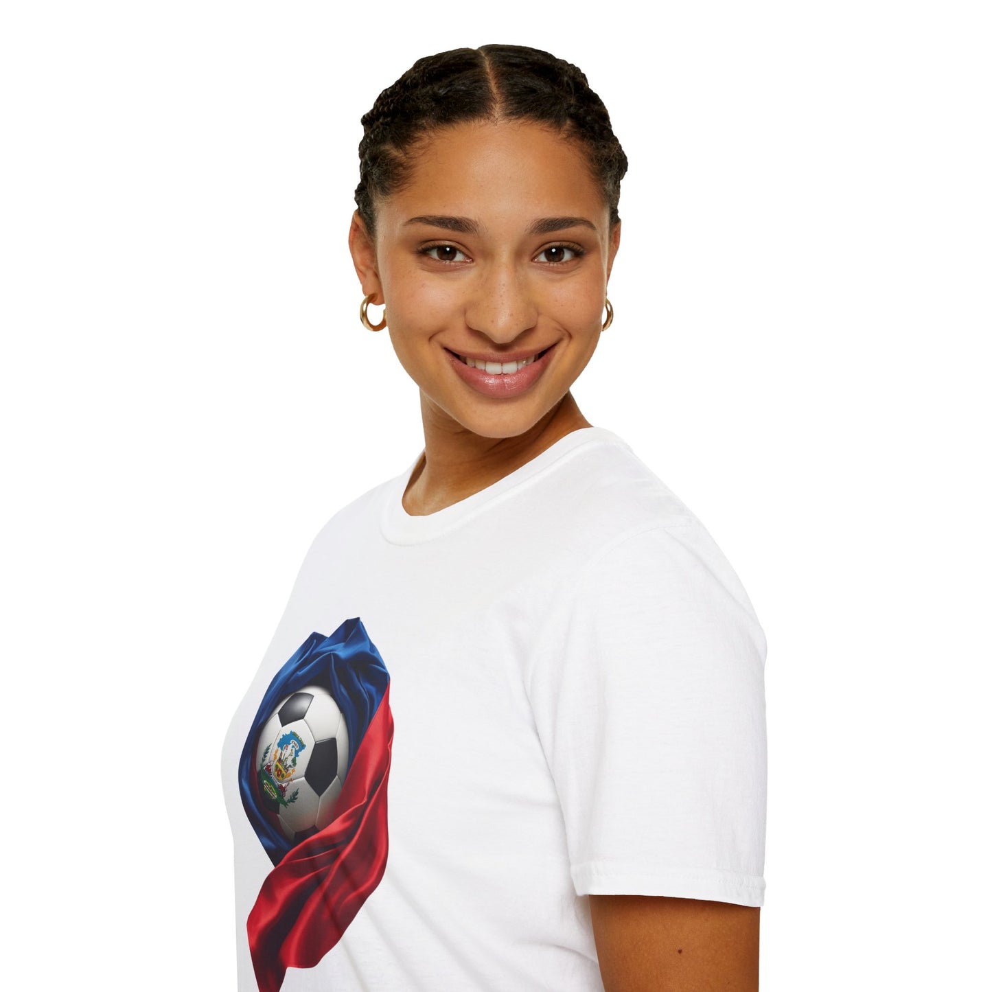Haitian Soccer Ball T-shirt Enveloped in Flag Fabric with Coat of Arms Tee