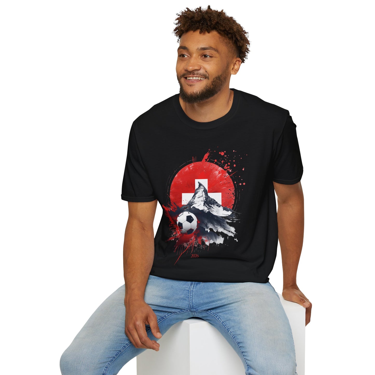 Swiss Flag Soccer T-Shirt with Grunge Paint Splatter and Alps Peak Design Tee