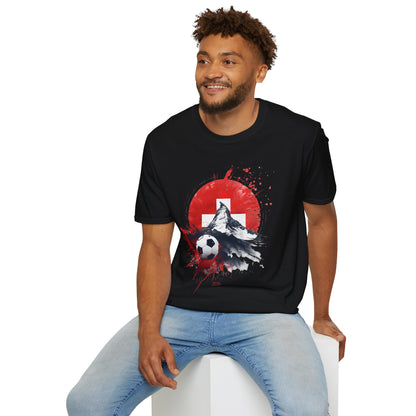 Swiss Flag Soccer T-Shirt with Grunge Paint Splatter and Alps Peak Design Tee