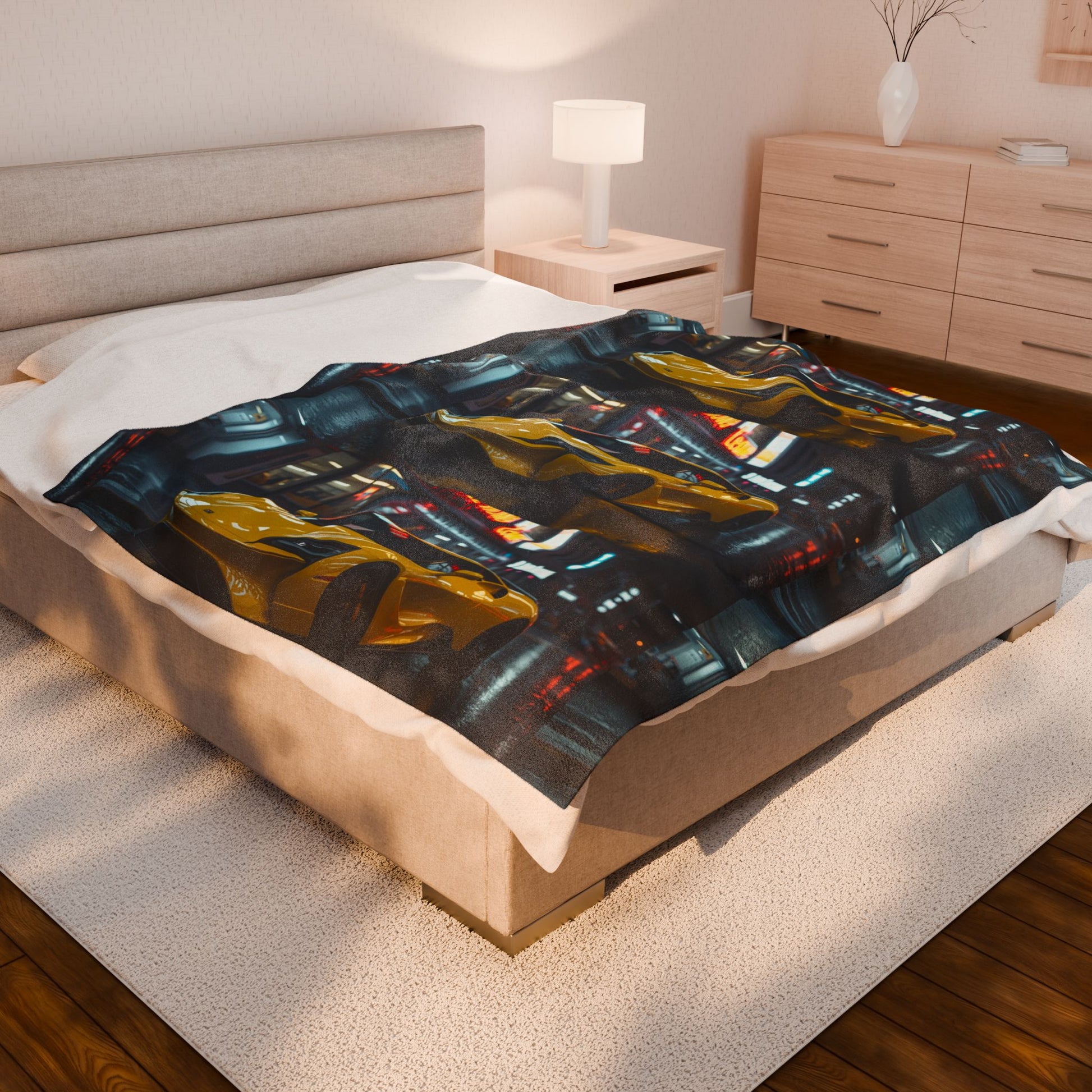 Bed with a colorful abstract design blanket in a bedroom setting