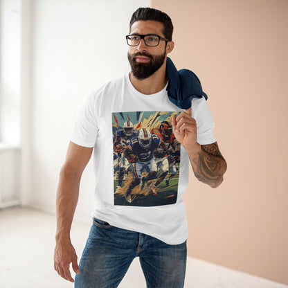 Man wearing a white t-shirt with a graphic design of a football player, standing indoors.