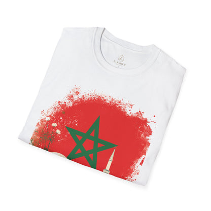 Morocco Soccer Fan T-Shirt — Moroccan Flag, Football & Mosque Graphic Tee