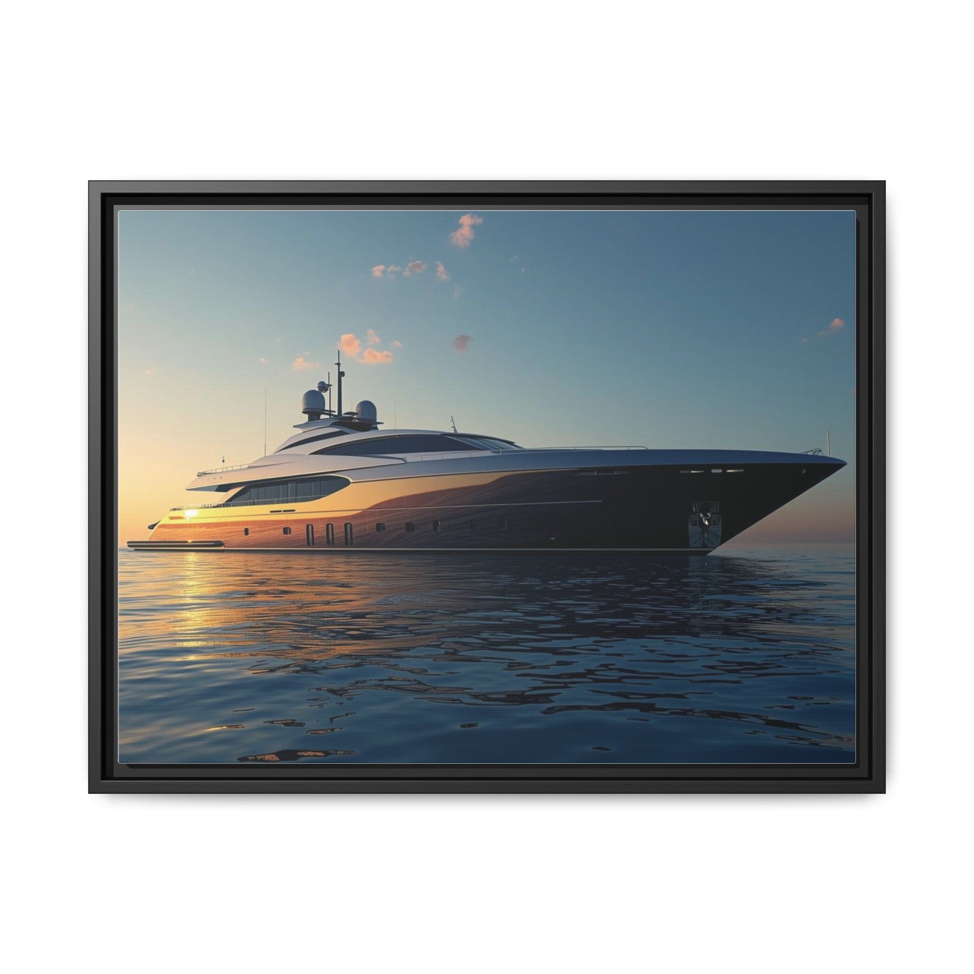Framed photograph of a luxury yacht on water with a sunset sky.