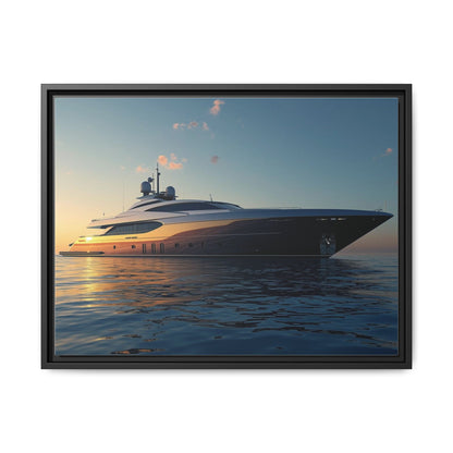Framed photograph of a luxury yacht on water with a sunset sky.