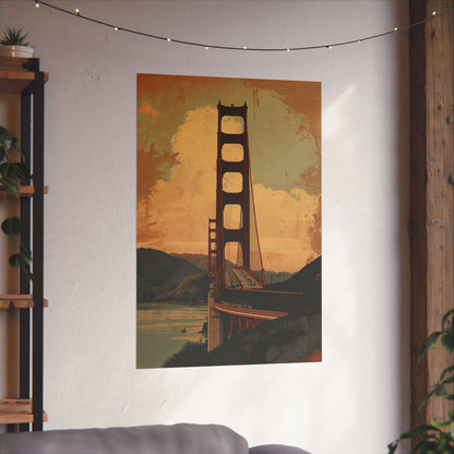 Poster of the Golden Gate Bridge on a wall with string lights and a plant shelf.