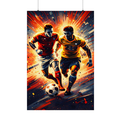 Soccer Action Matte Vertical Poster — Dynamic Two Players Dribbling Design
