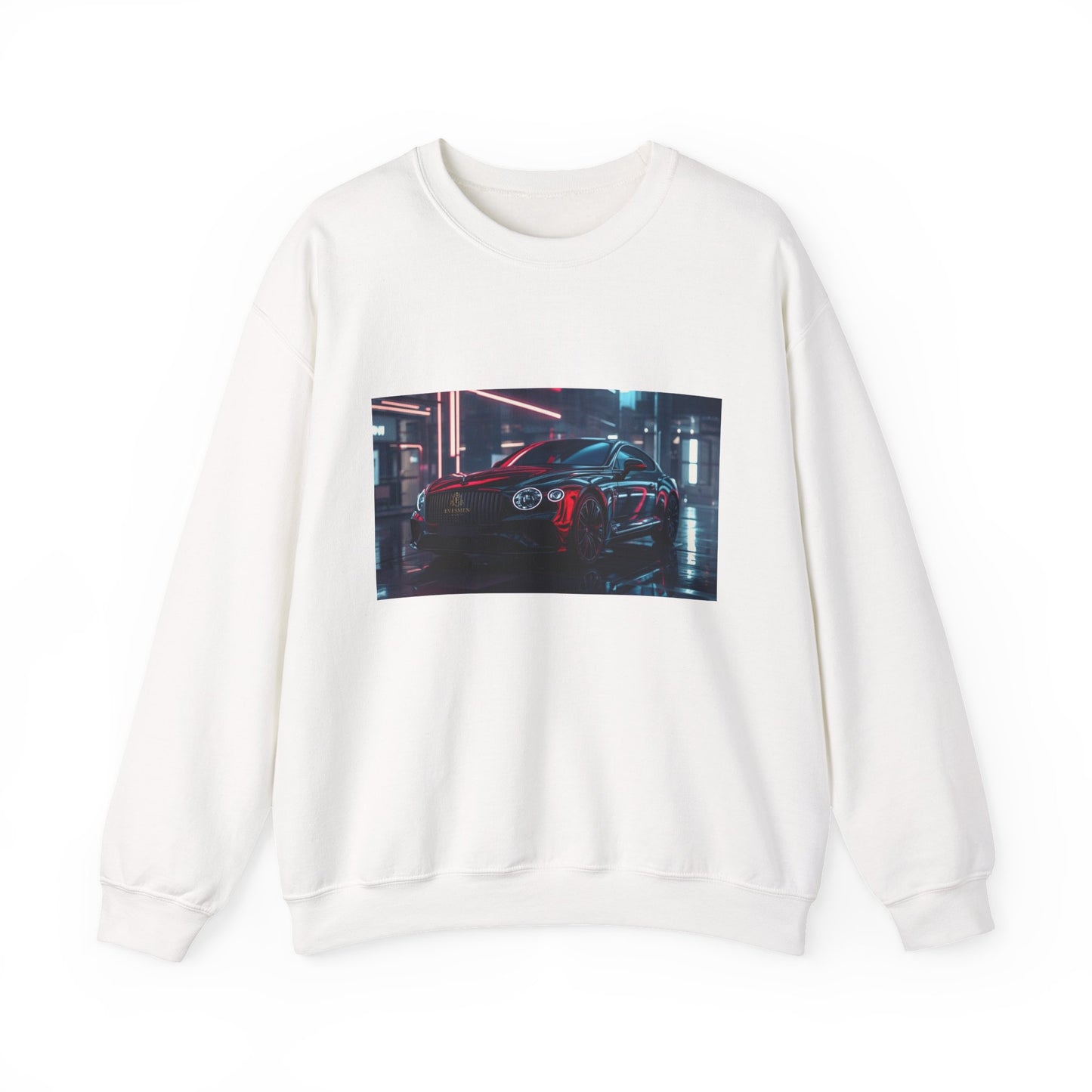 White sweatshirt with a graphic of a car in a garage on a white background