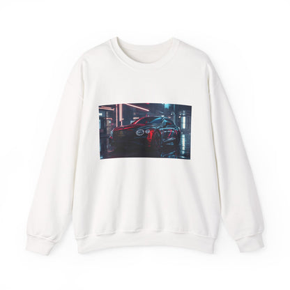 White sweatshirt with a graphic of a car in a garage on a white background