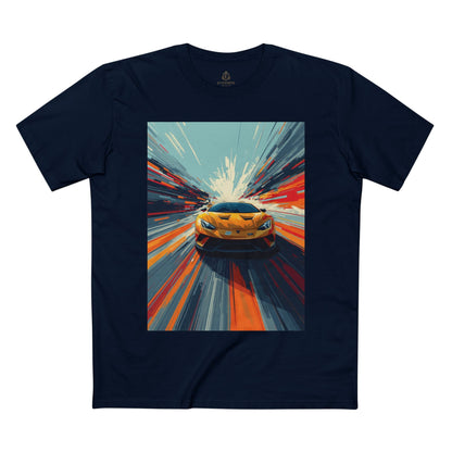 Navy blue t-shirt with a graphic of a yellow car on a white background