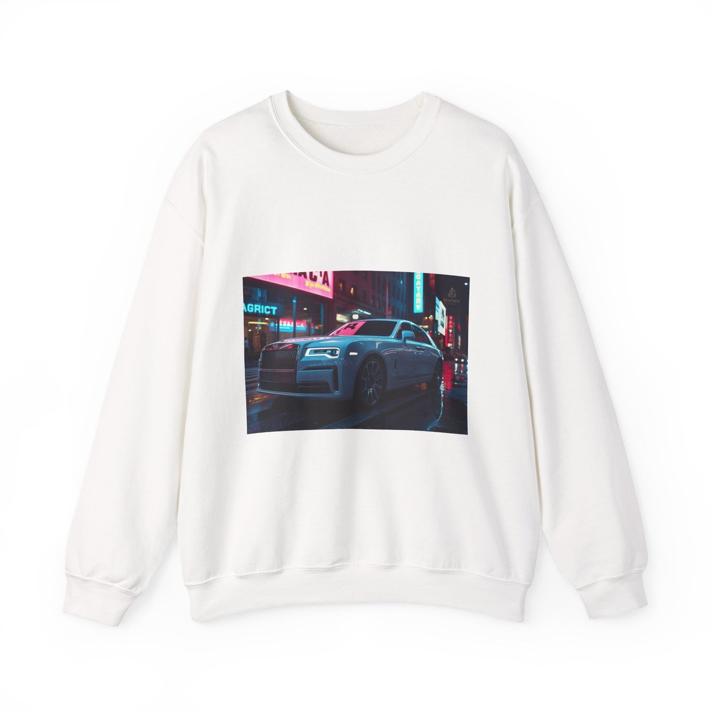 White sweatshirt with a graphic of a car on a city street at night.