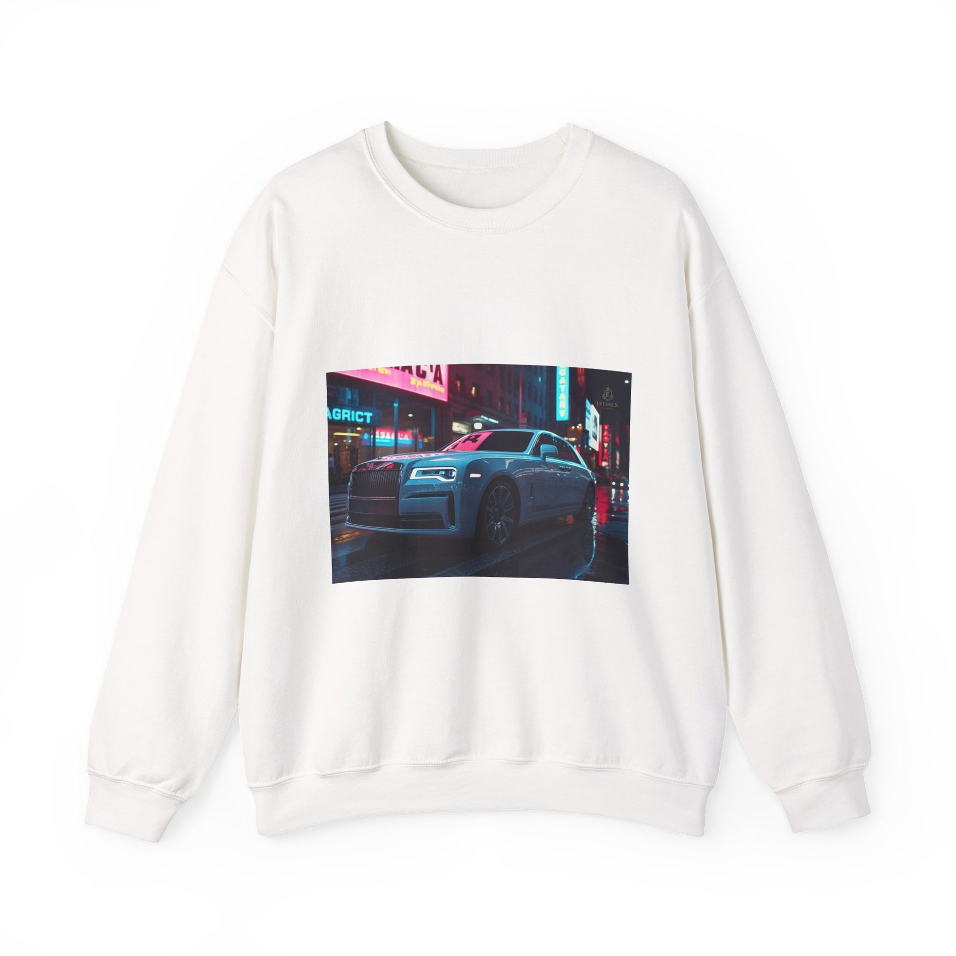 White sweatshirt with a graphic of a car on a city street at night.