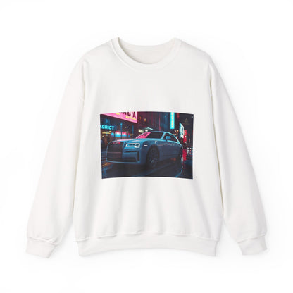 White sweatshirt with a graphic of a car on a city street at night.
