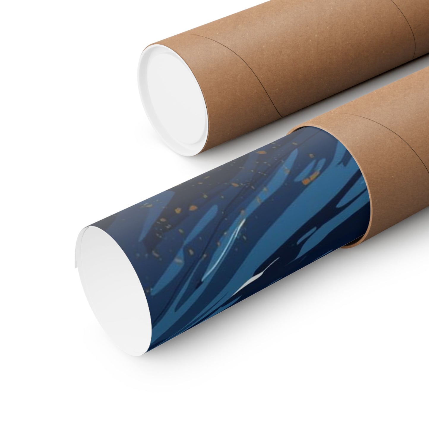 Roll of blue paper with gold specks in a cardboard tube on a white background