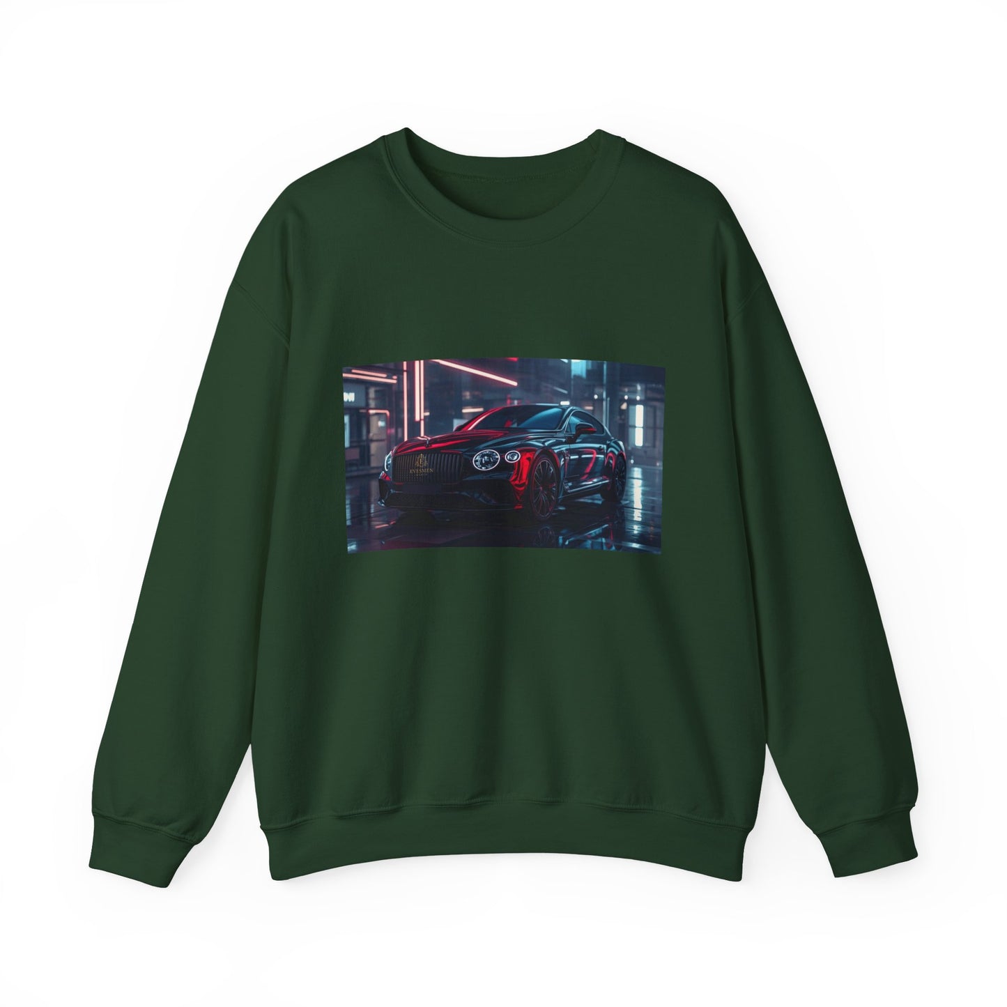 Green sweatshirt with a graphic of a car on a white background