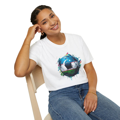 Uzbekistan Football Flag Splatter T-Shirt Abstract Crescent Moon Design Tee