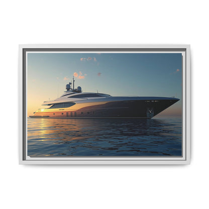 Framed photograph of a luxury yacht on the water at sunset.