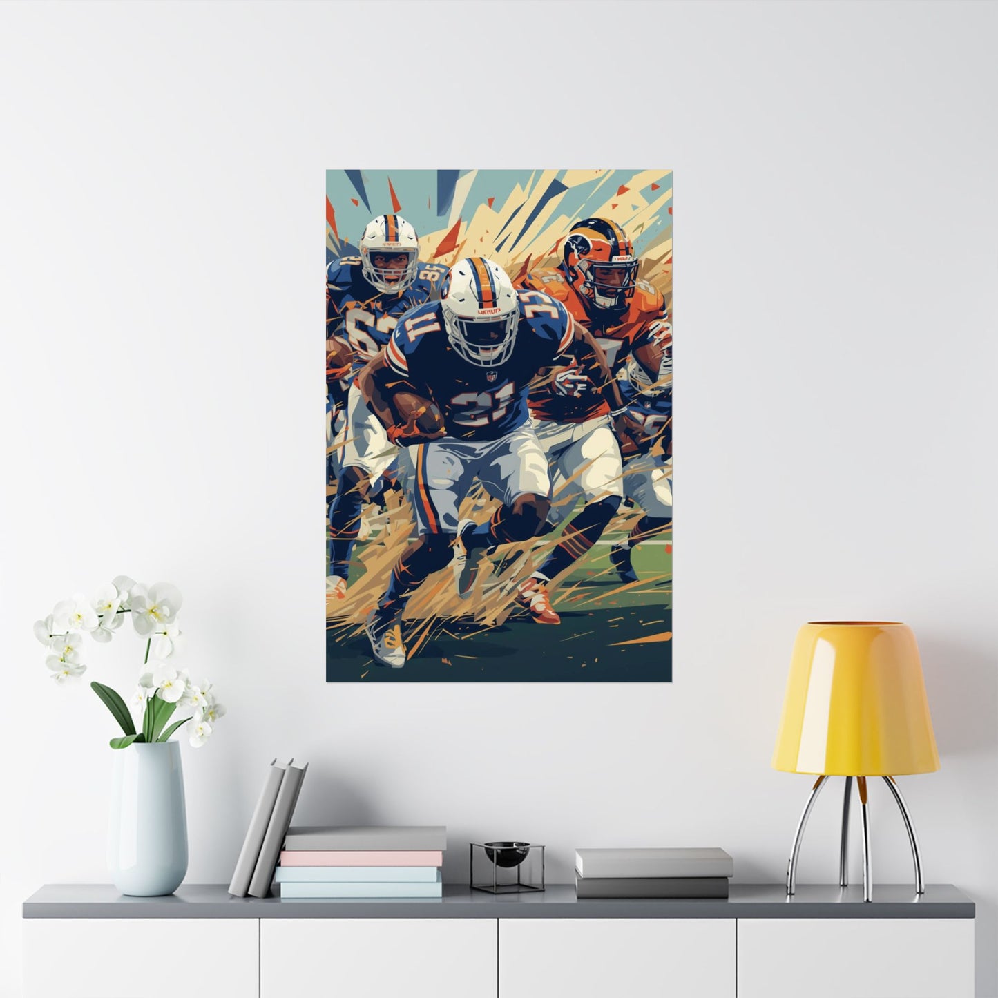 Artistic depiction of football players on a wall above a shelf with decor items.