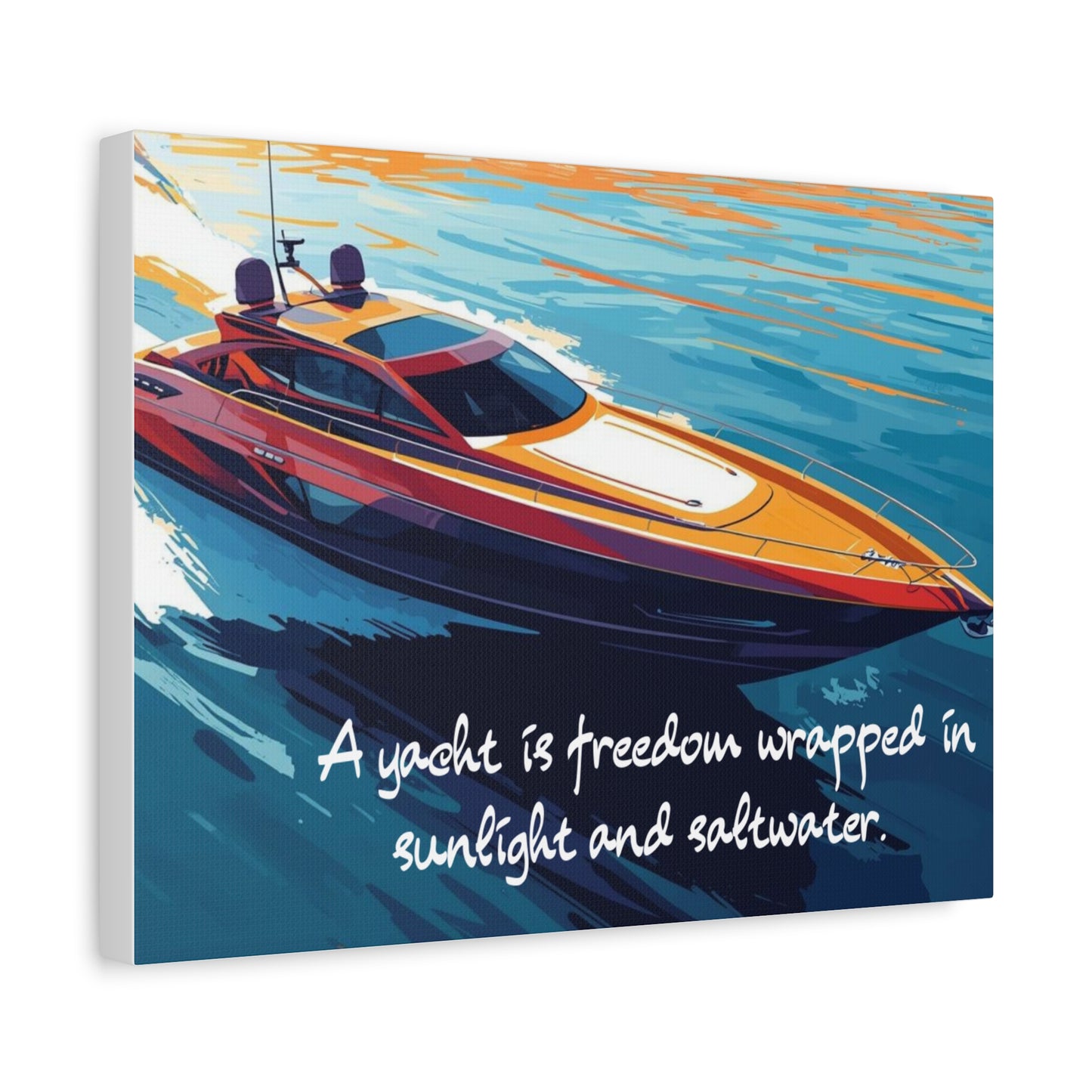 Canvas wall art of a colorful yacht on water with a quote below.