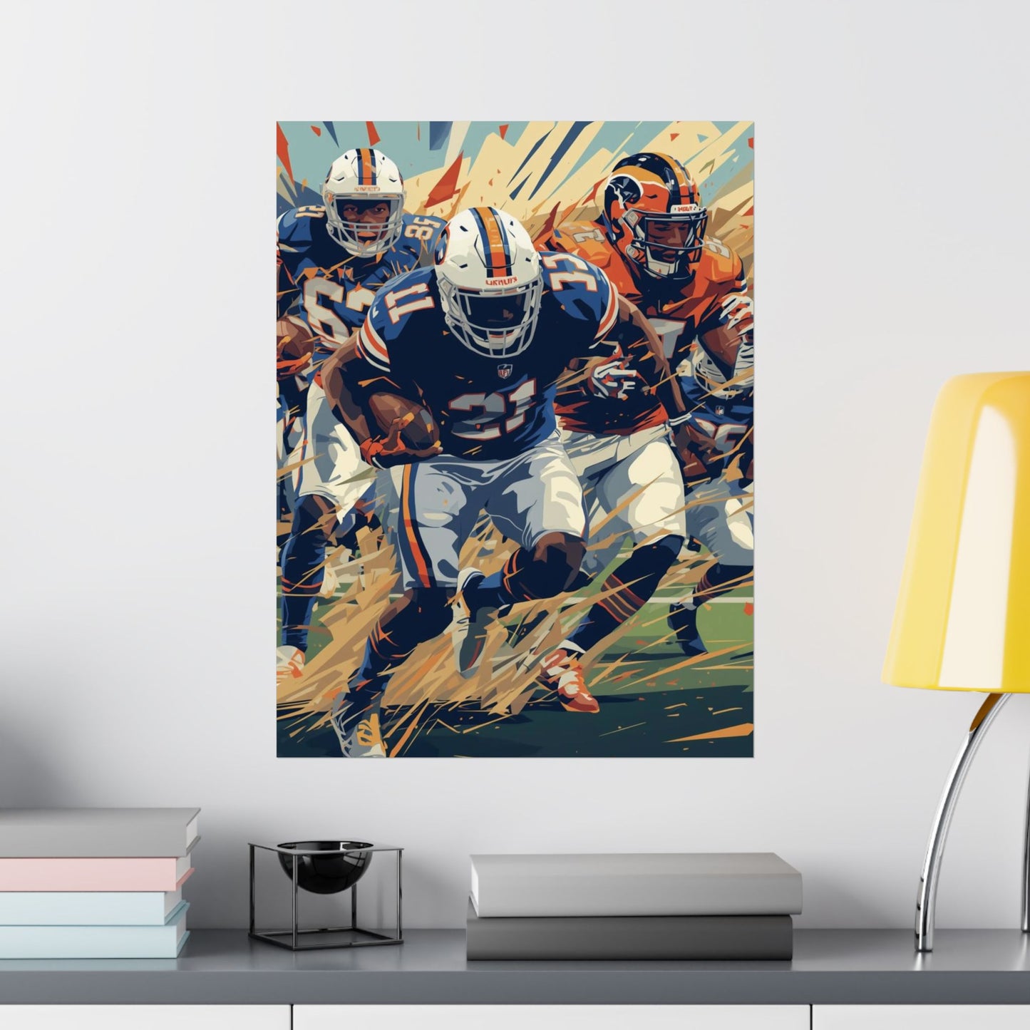 Artistic depiction of football players on a wall above a shelf with books and decor items.