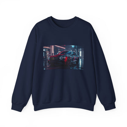 Navy blue sweatshirt with a car graphic on a white background