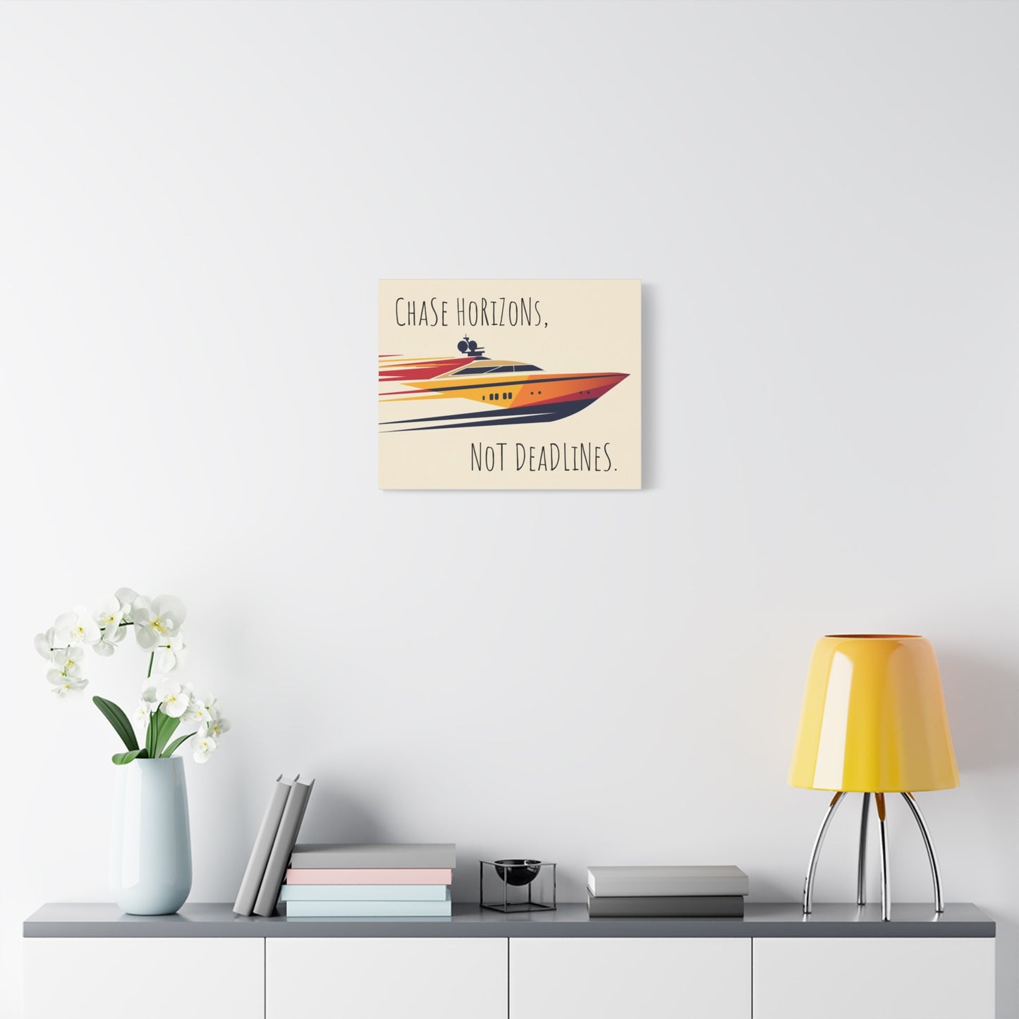 Motivational poster with a boat design and text on a wall above a shelf with decor items.