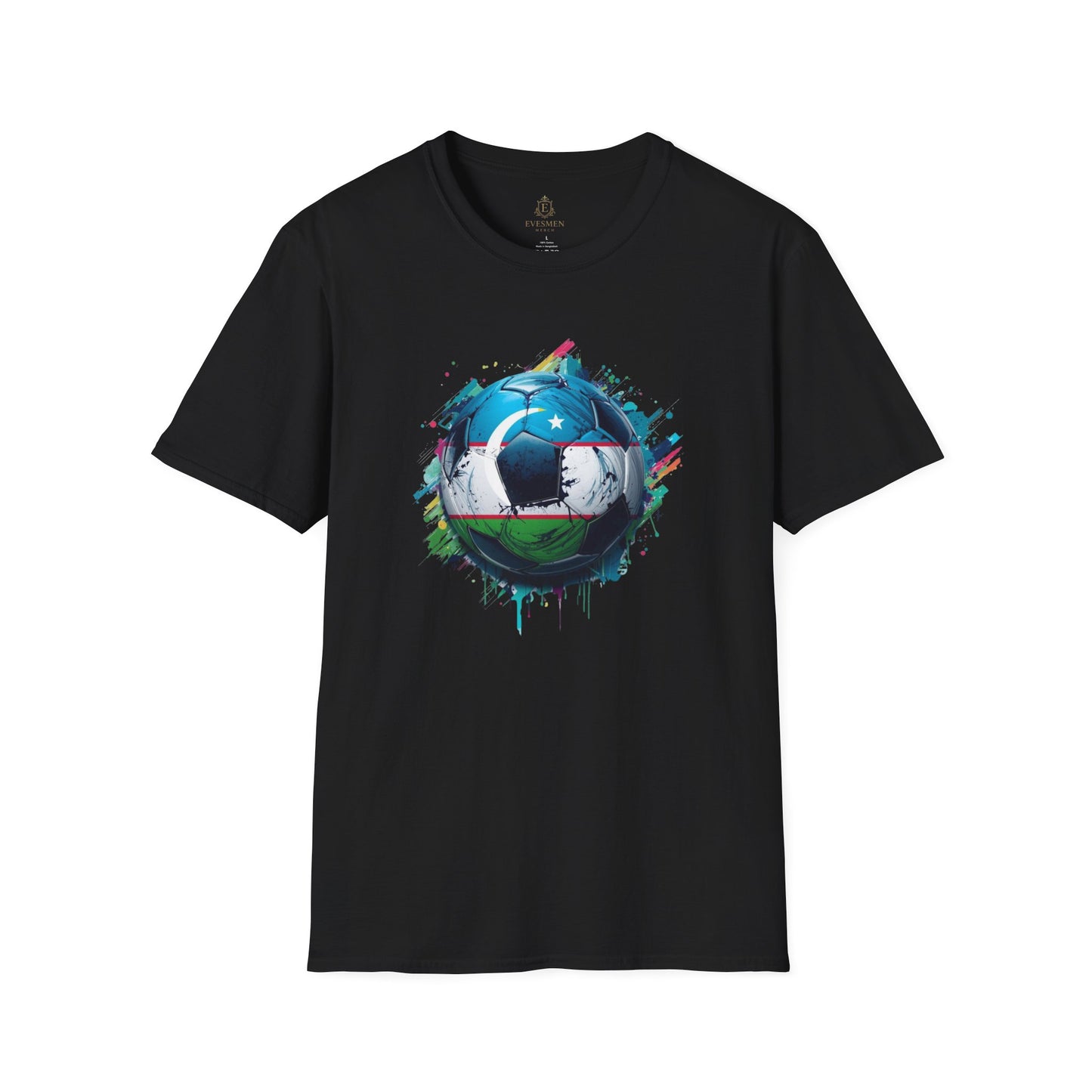 Uzbekistan Football Flag Splatter T-Shirt Abstract Crescent Moon Design Tee
