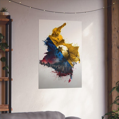 Colombian Map Tricolor Flag Football and Urban Skyline Matte Art Poster