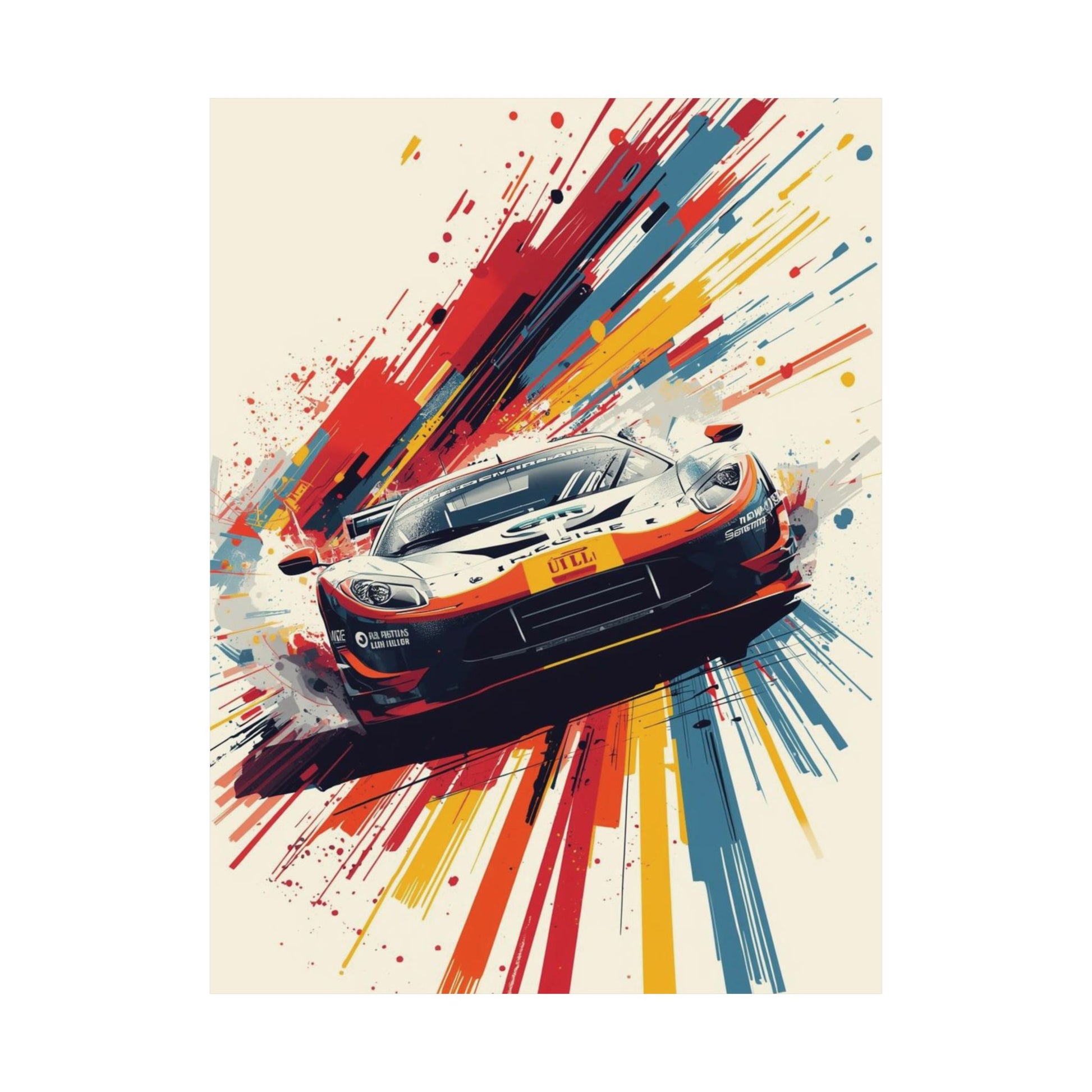 Colorful abstract design with a racing car in the center