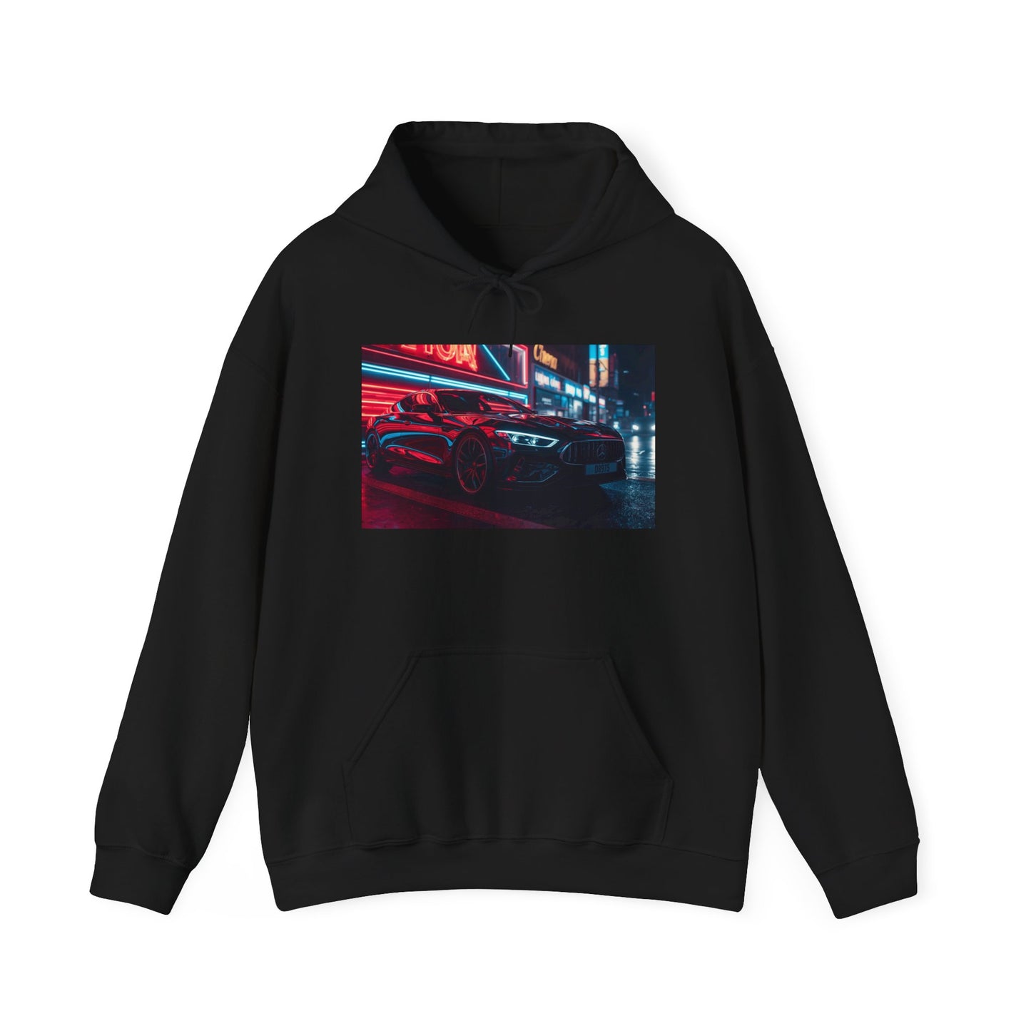 Black hoodie with a graphic of a car on a neon-lit street on a white background