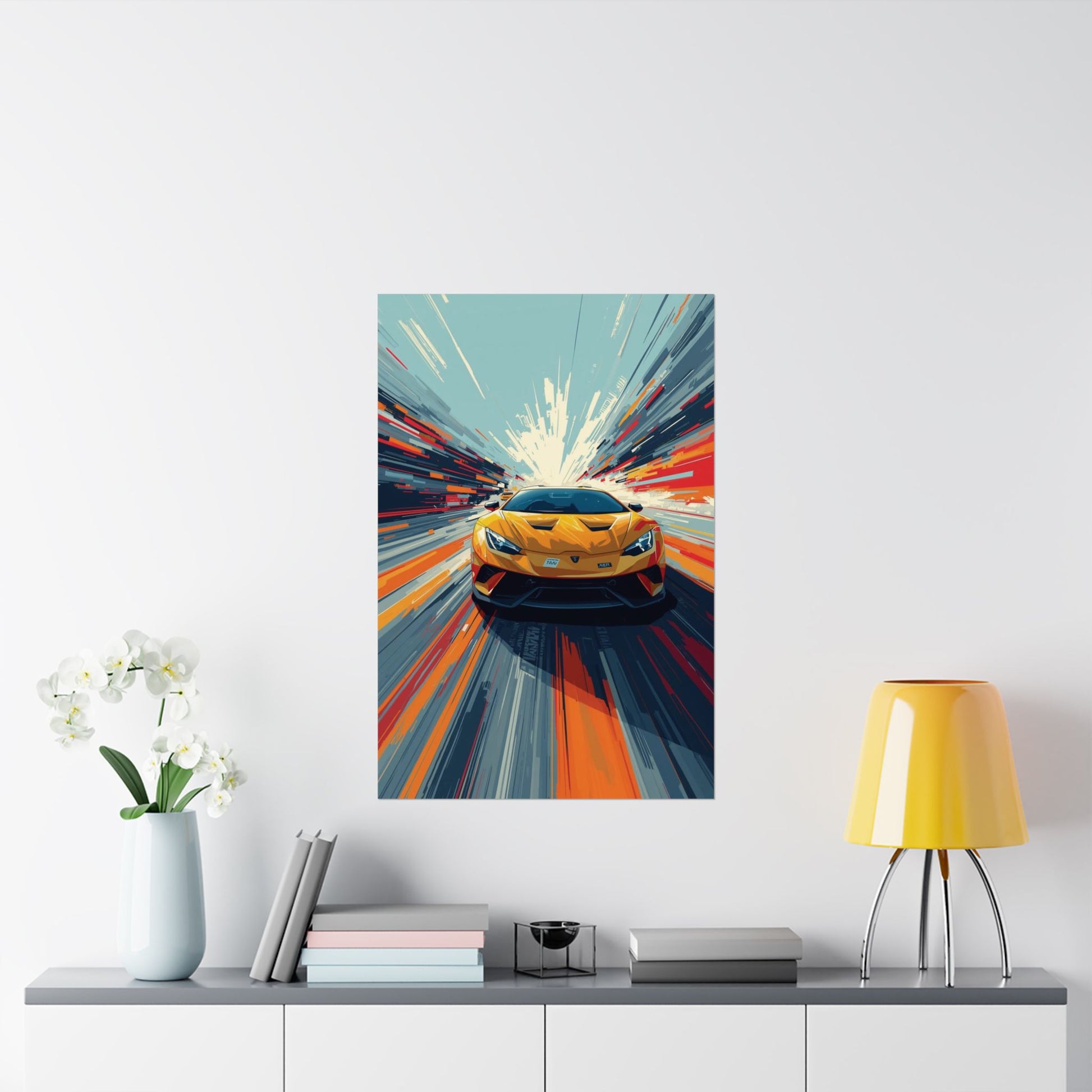 Abstract painting of a yellow sports car on a wall above a shelf with decor items.