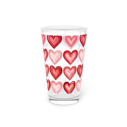 Valentine Heart Pattern Pint Glass — 16oz Romantic Red & Pink Glass