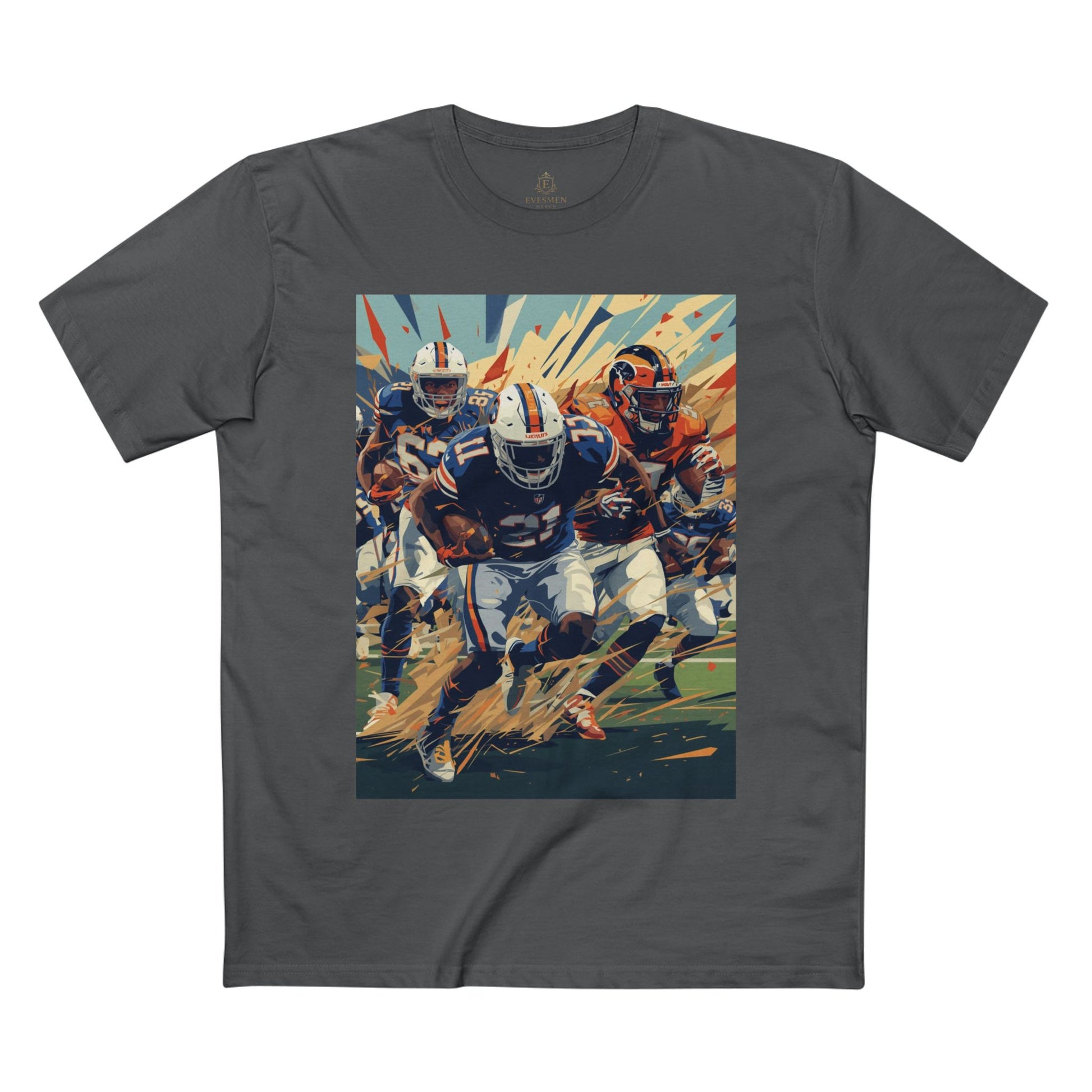 Gray t-shirt with a graphic of football players on a white background