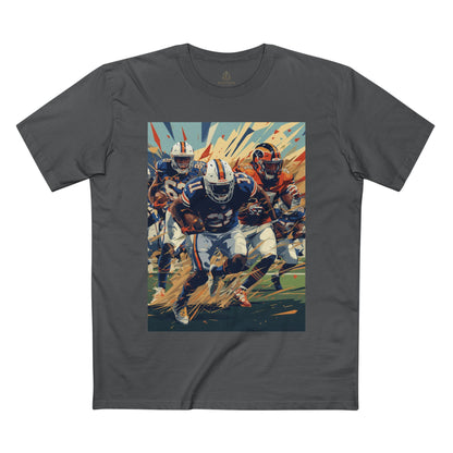 Gray t-shirt with a graphic of football players on a white background