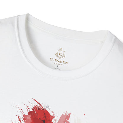 White t-shirt with red abstract design and 'Evesmen' branding on a white background
