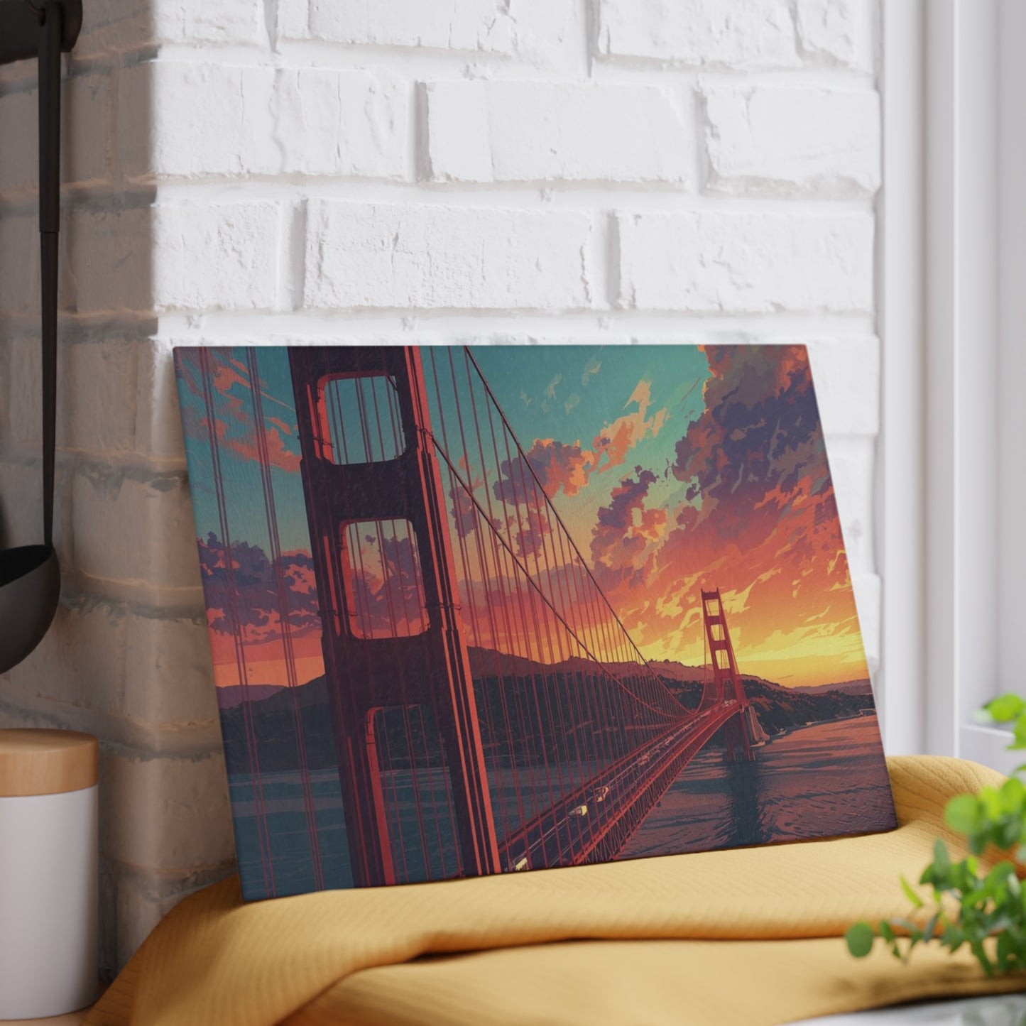 Golden Gate Sunset Glass Cutting Board — San Francisco Bridge Art Kitchen Decor