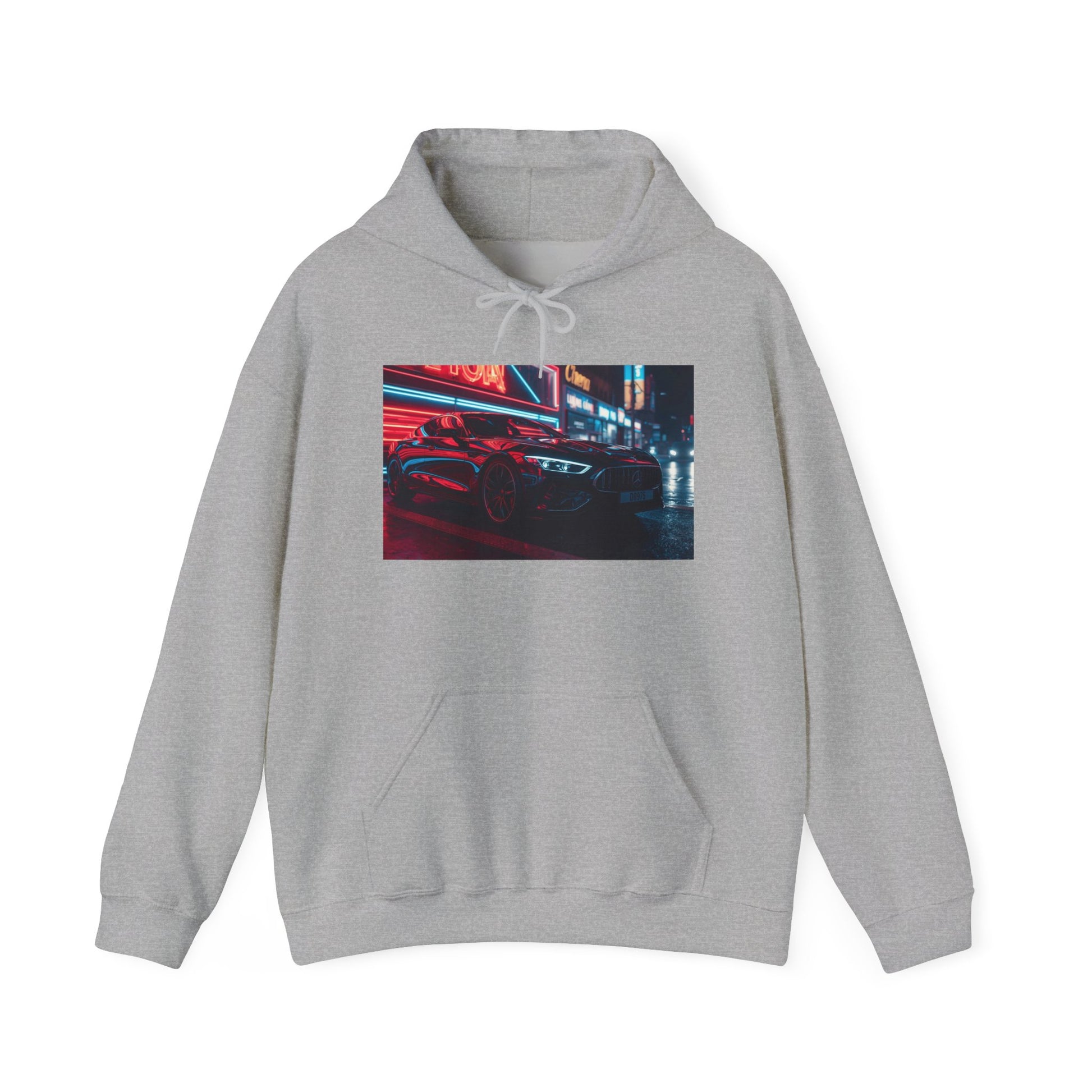 Gray hoodie with a graphic of a car on a neon cityscape on a white background