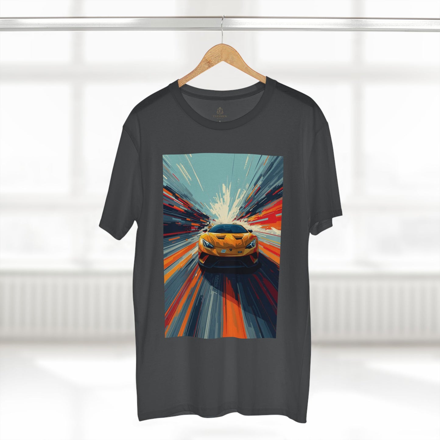 Black t-shirt with a colorful car graphic on a hanger against a white background