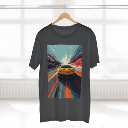 Black t-shirt with a colorful car graphic on a hanger against a white background