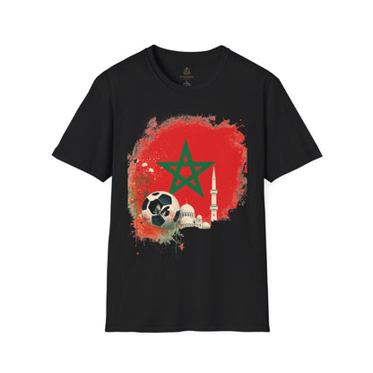 Morocco Soccer Fan T-Shirt — Moroccan Flag, Football & Mosque Graphic Tee