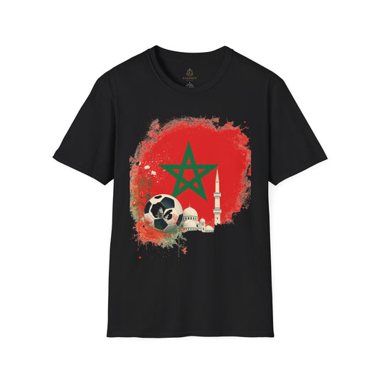 Morocco Soccer Fan T-Shirt — Moroccan Flag, Football & Mosque Graphic Tee