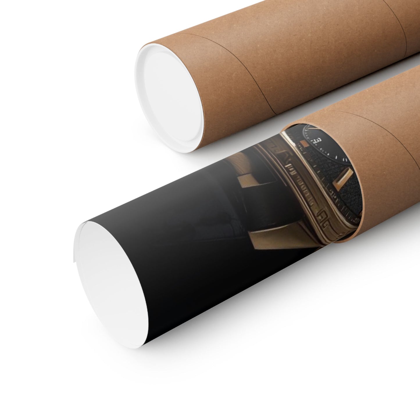 Roll of black paper with a gold watch design on a white background