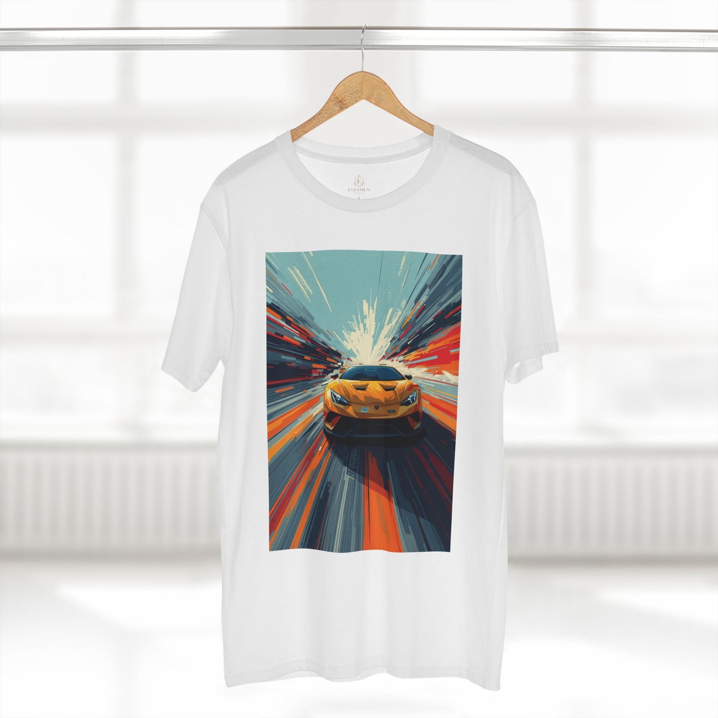 White t-shirt with a car graphic on a hanger against a white background