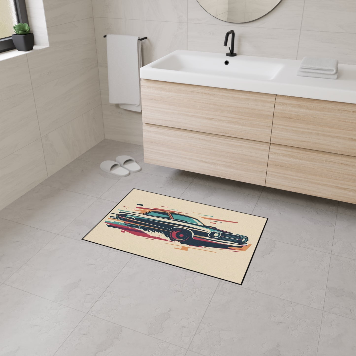 Bathroom with a decorative rug featuring a car design on the floor.