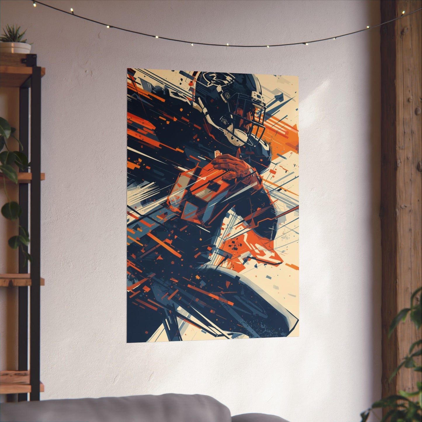 Abstract art print of a football player on a wall in a room with a shelf and plants.