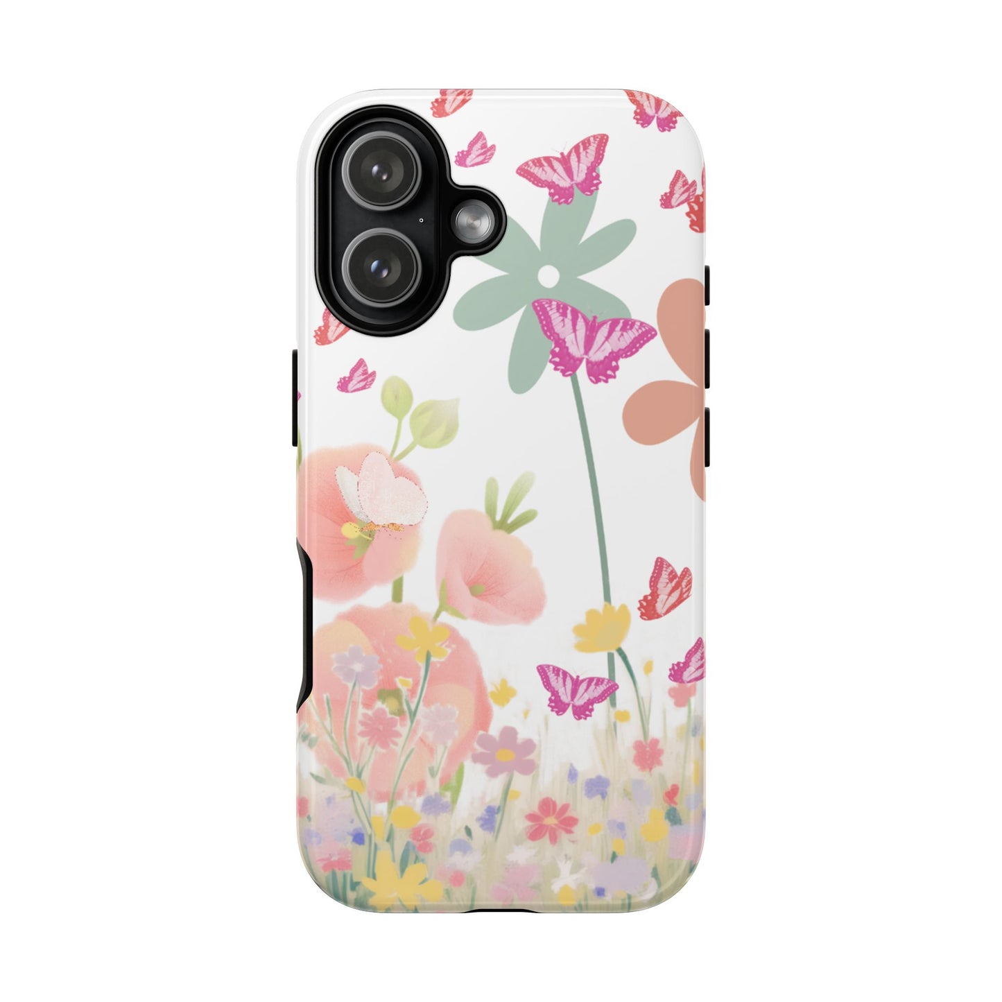Phone case with floral and butterfly design on a white background