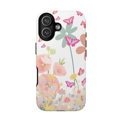 Phone case with floral and butterfly design on a white background