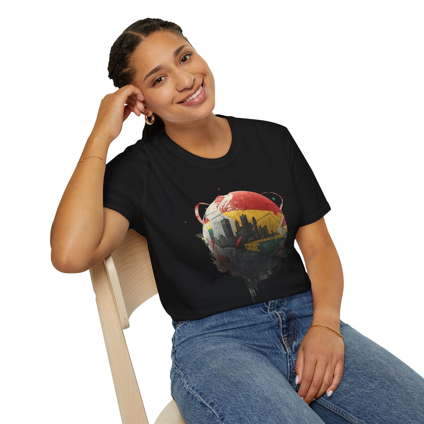 Ghana Soccer Ball with Accra Skyline and Flag Drips T-shirt Fan Tee